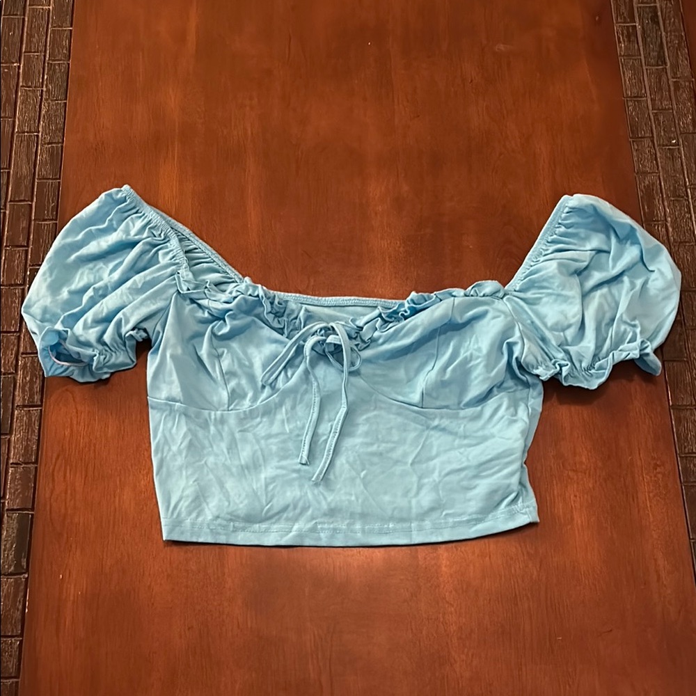 Source Unknown Blue Puff Sleeve Tie Front Blouse